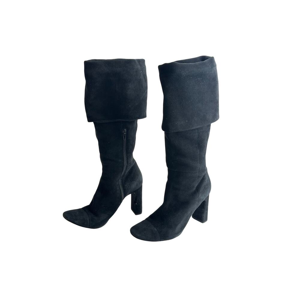 Something Navy Boots Womens 8 Black Suede Knee High Cuffed Block Heel Side Zip